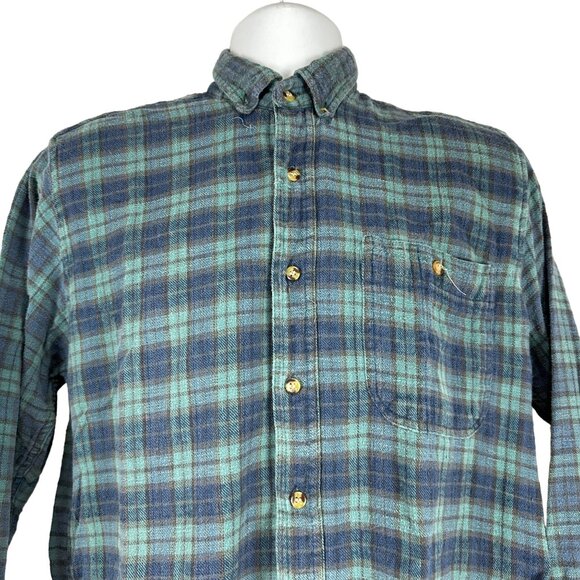 Herringbone Naturals Mens Plaid Flannel Button Up Medium Cotton Shirt Blue Green - Picture 8 of 9